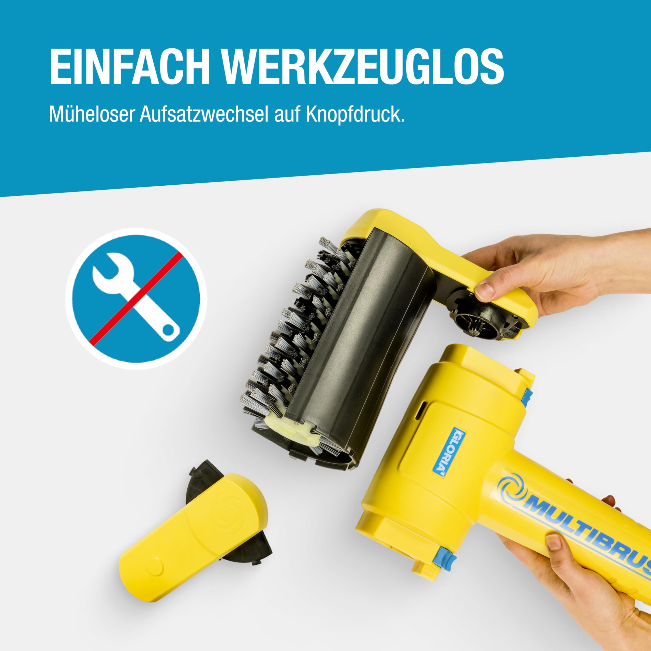 GLORIA MultiBrush li-on PLUS I Akku Reinigungsbürste für Stein, Fugen, Holz, Kanten & Rasen | Für Terrasse, Wege & Garten | Inkl. Stein- & Fugenbürste | Kompatibel mit BOSCH 18V Akku (nicht enthalten)