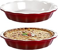 Lareina 9-Inch Deep Dish Ceramic Pie Pans Set of 2, Red Fluted Pie Plates for Apple, Quiche, Pecan & Pot Pies, 53oz Oven Safe