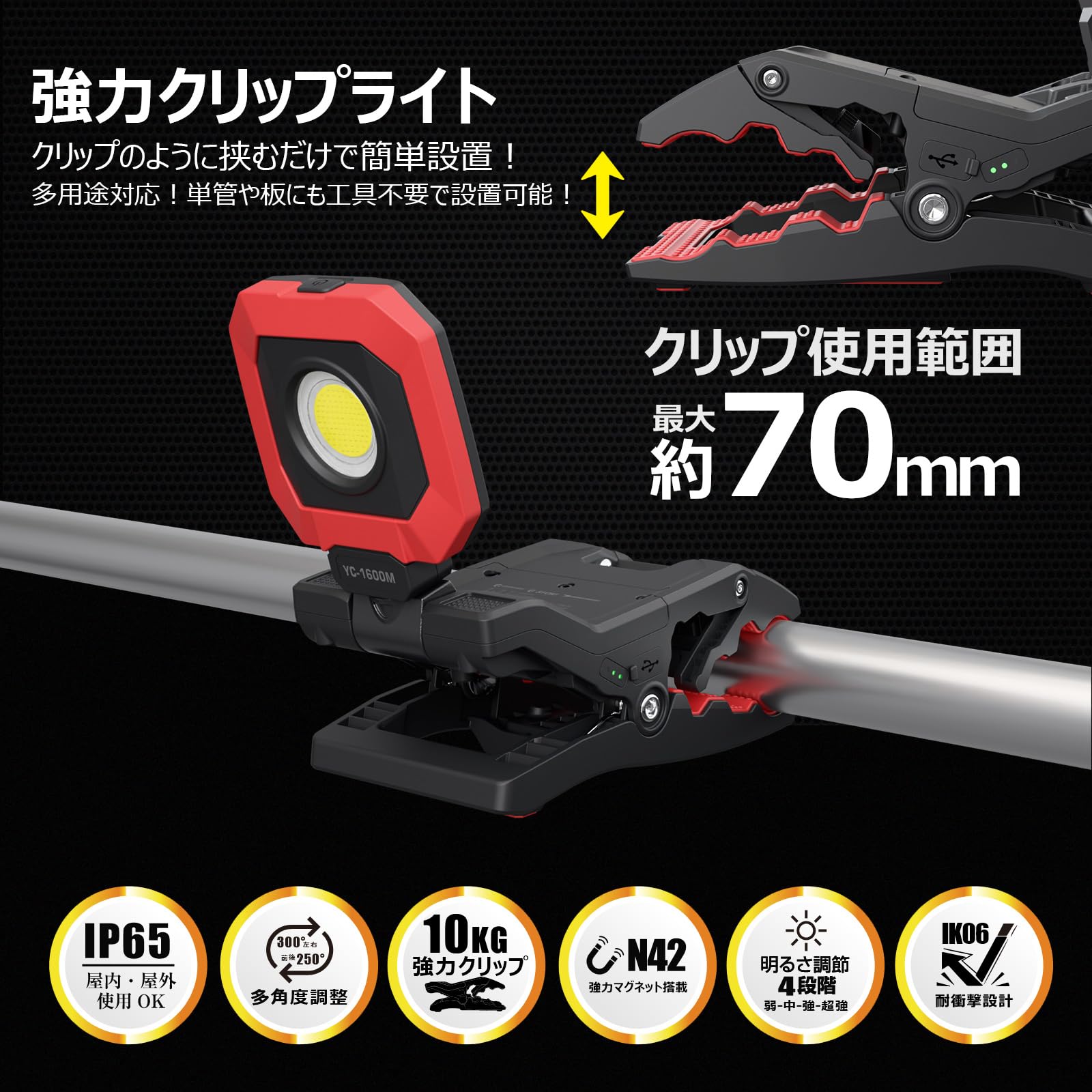 Amazon.co.jp: GOODGOODS 投光器 充電式 LED クリップ型 角度調整自由