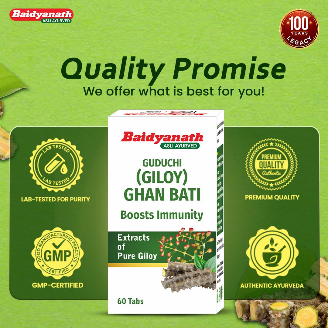 Baidyanath Giloy Ghan Bati 60 Tablets | Boosts Immunity & Digestion | Ayurvedic Guduchi Tablets for Fever, Detox, Acidity & Skin | Herbal Supplement for Health & Wellness | (Pack of 2) 1