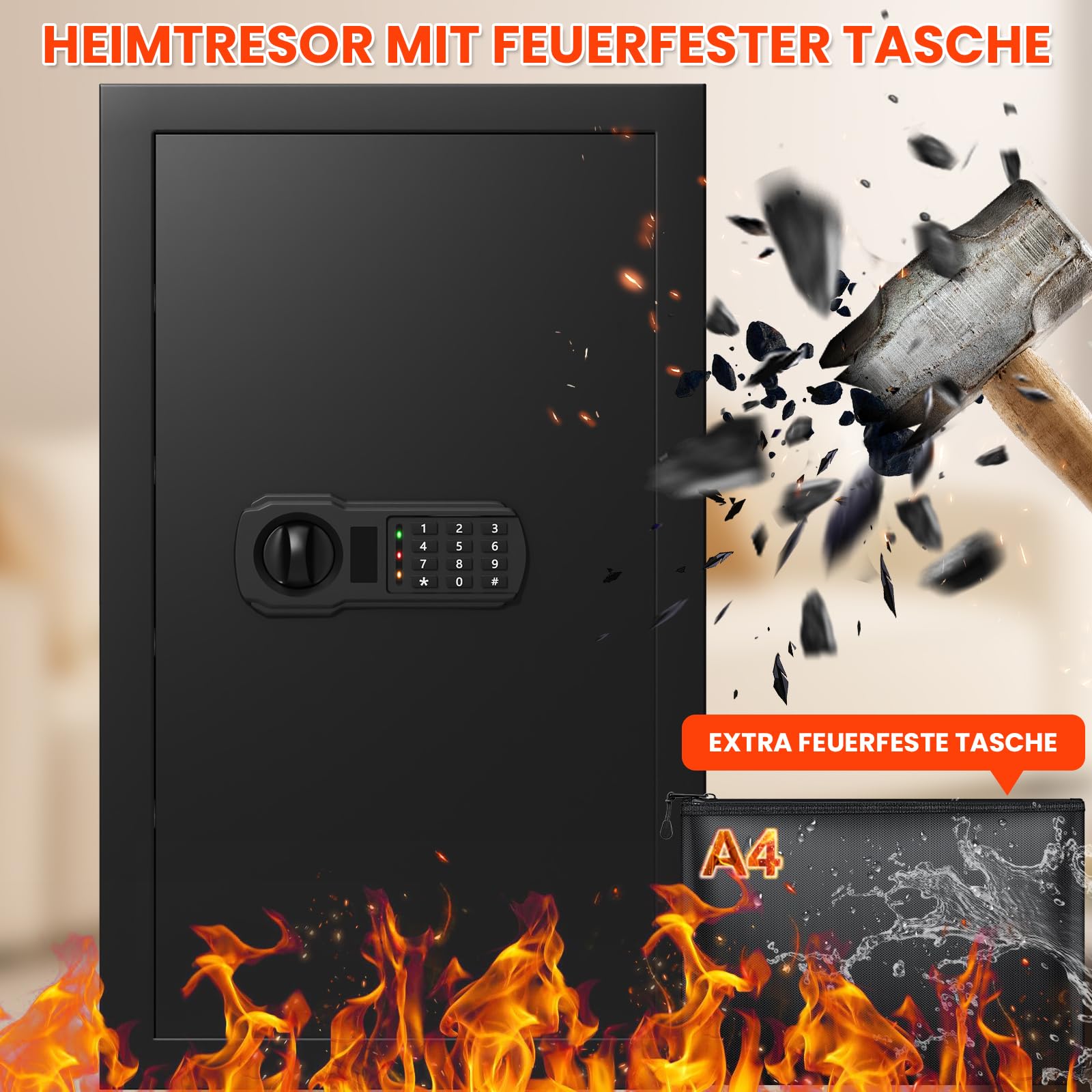 Cassaforte ignifuga da 85 l, con tasca portadocumenti ignifuga, cassaforte digitale con ripiano rimovibile, cassaforte per mobili, documenti oro, gioielli di valore