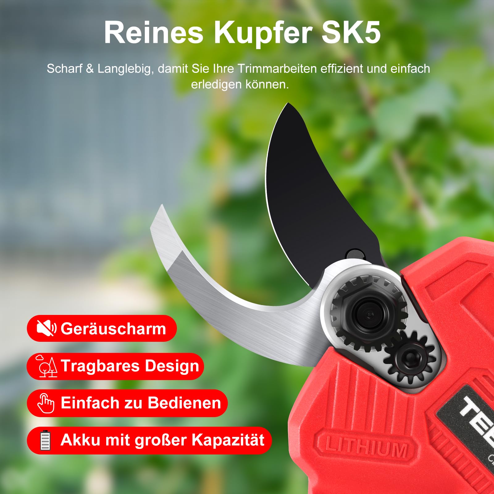 TEENO Elektrische Baumschere 21V, Professionelle Gartenschere MAX 25 mm Schnittdurchmesser, Schere Astschneider Rosenschere Kabellos mit Sicherheitsschalter, 1 * 2000mAh Akkus für 3-4 Arbeitsstunden
