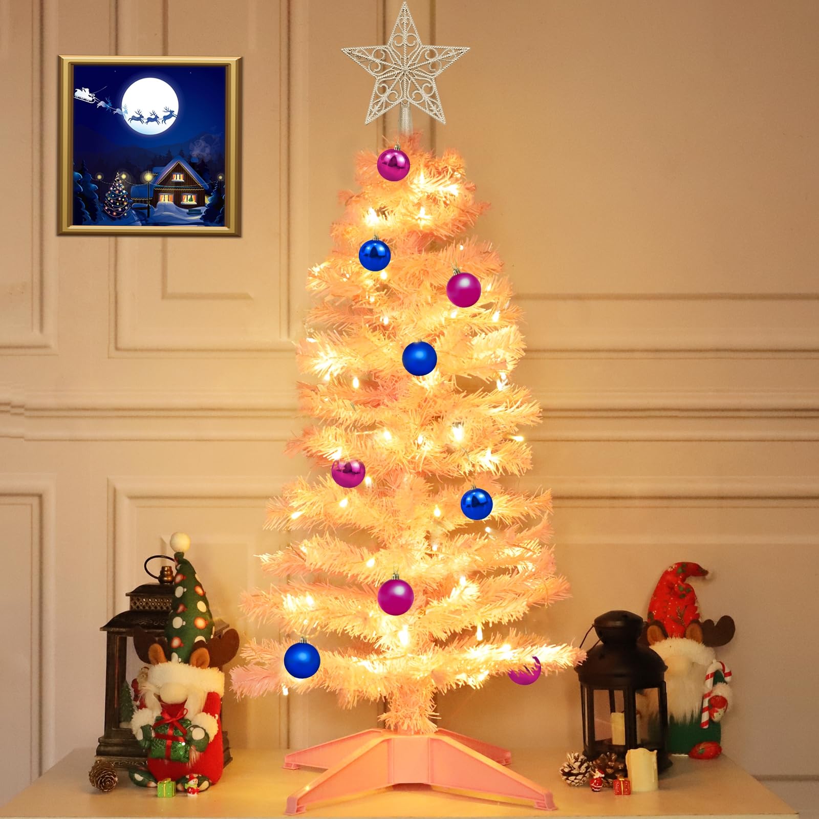 [ Timer & 8 Modes ] 3 Ft Pink Christmas Tree with DIY 50 Warm Lights 15 Ball Ornaments 3D Star Remote Control Battery Operated Pencil Full Tree Holiday Xmas Christmas Decorations Table Indoor Home