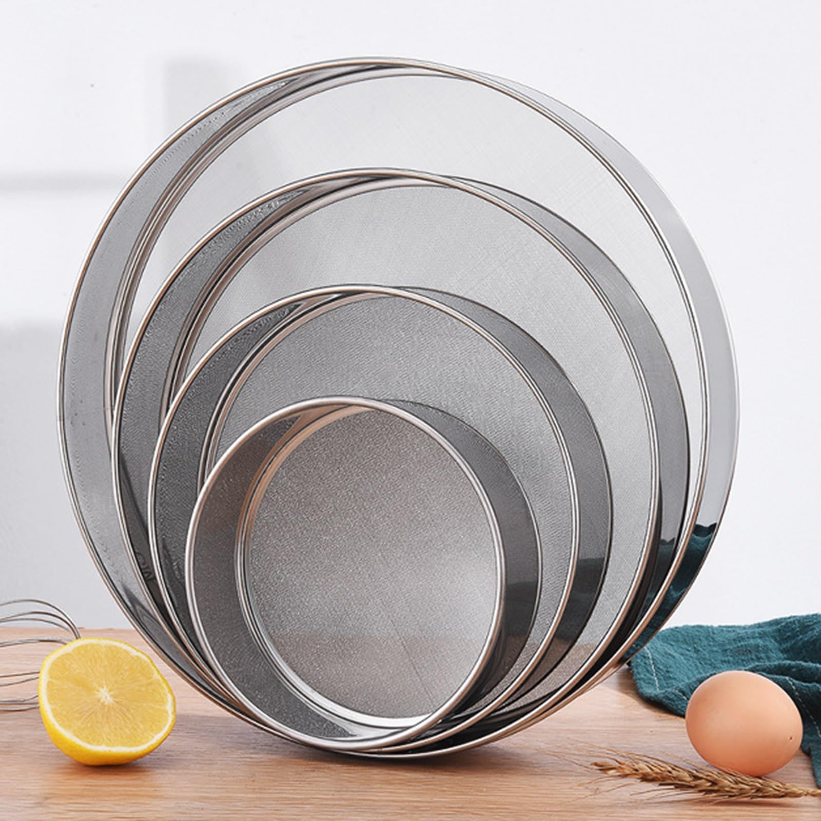 Juego de 4 coladores de harina de acero inoxidable de 15/20/25/30 cm, coladores de harina de alta precisión, 60 coladores de alimentos, colador duradero para hornear y cocinar