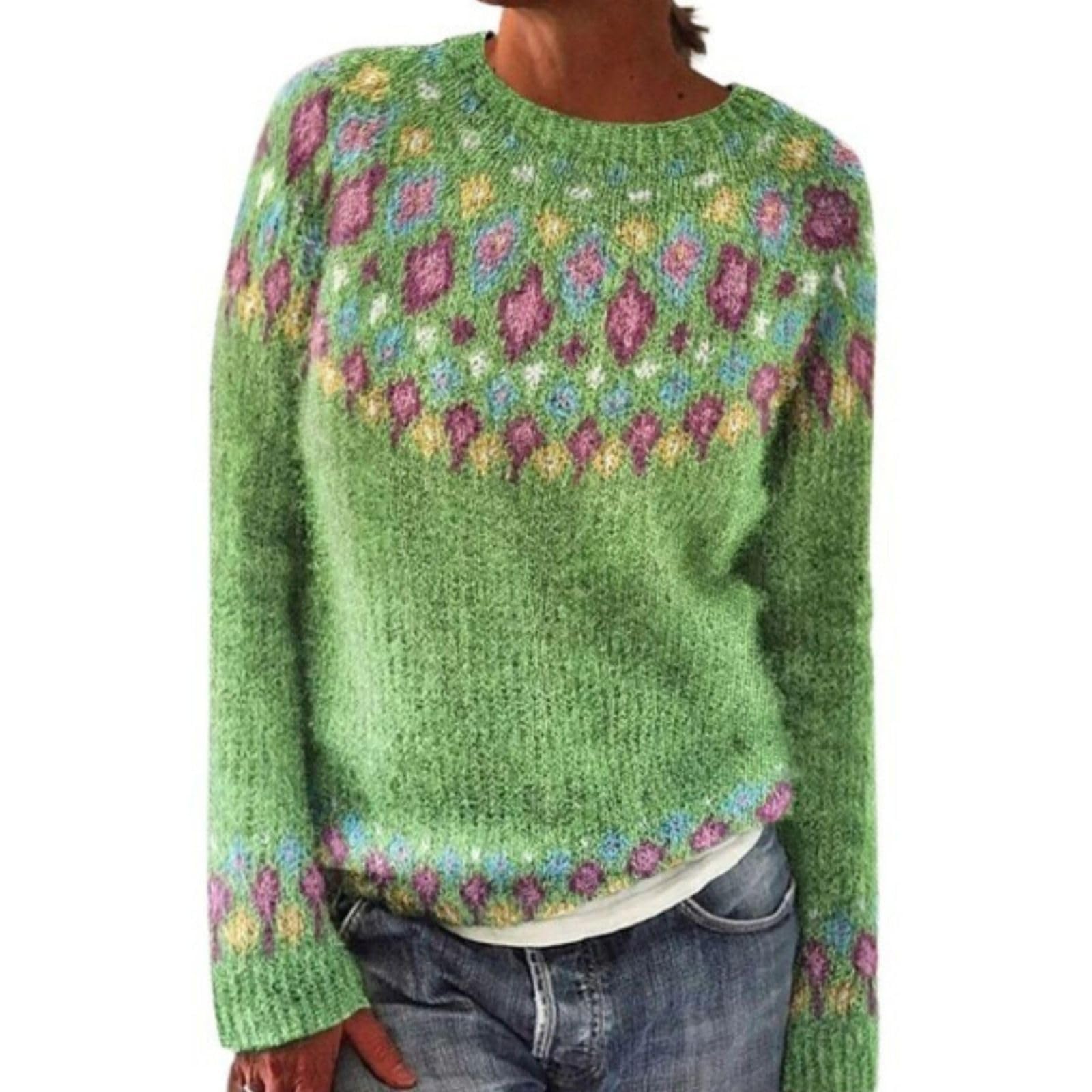Vintage Fair Isle Argyle Knit Pullover Sweaters for Women Oversized Crewneck Long Sleeve Boho Graphic Sweater Tops