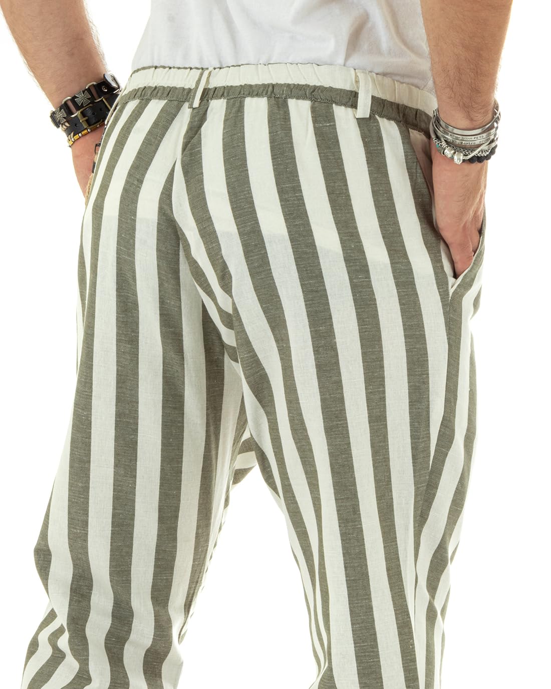 Giosal Pantaloni Uomo Lino Elastico Rigato Chiusura con Bottone Catena Elegante Casual