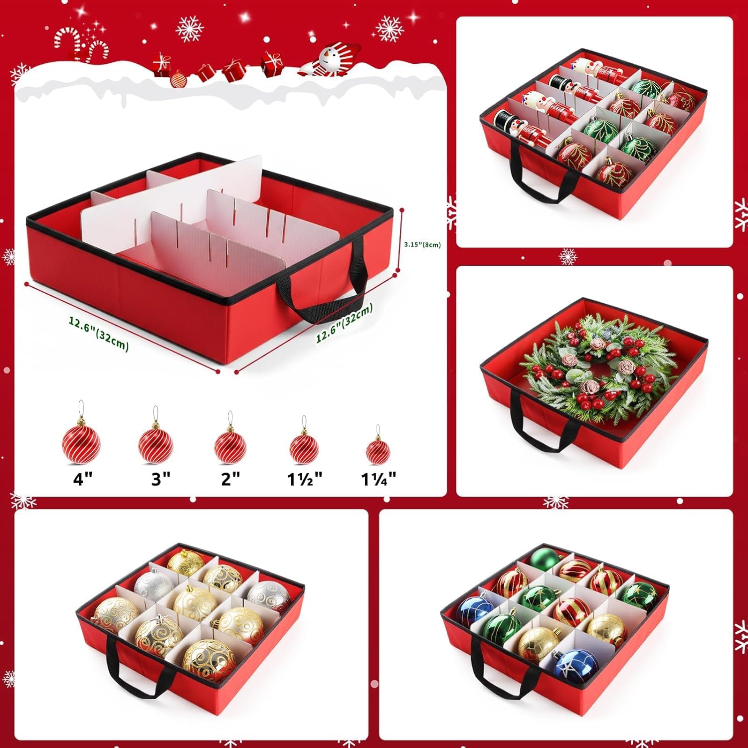 Christmas Ornament Storage Box - Large & Sturdy Christmas Storage Container with Adjustable Dividers, 8 Individual Trays and Handles, Holds up to 128 Holiday Decorations (Red) - Image 5