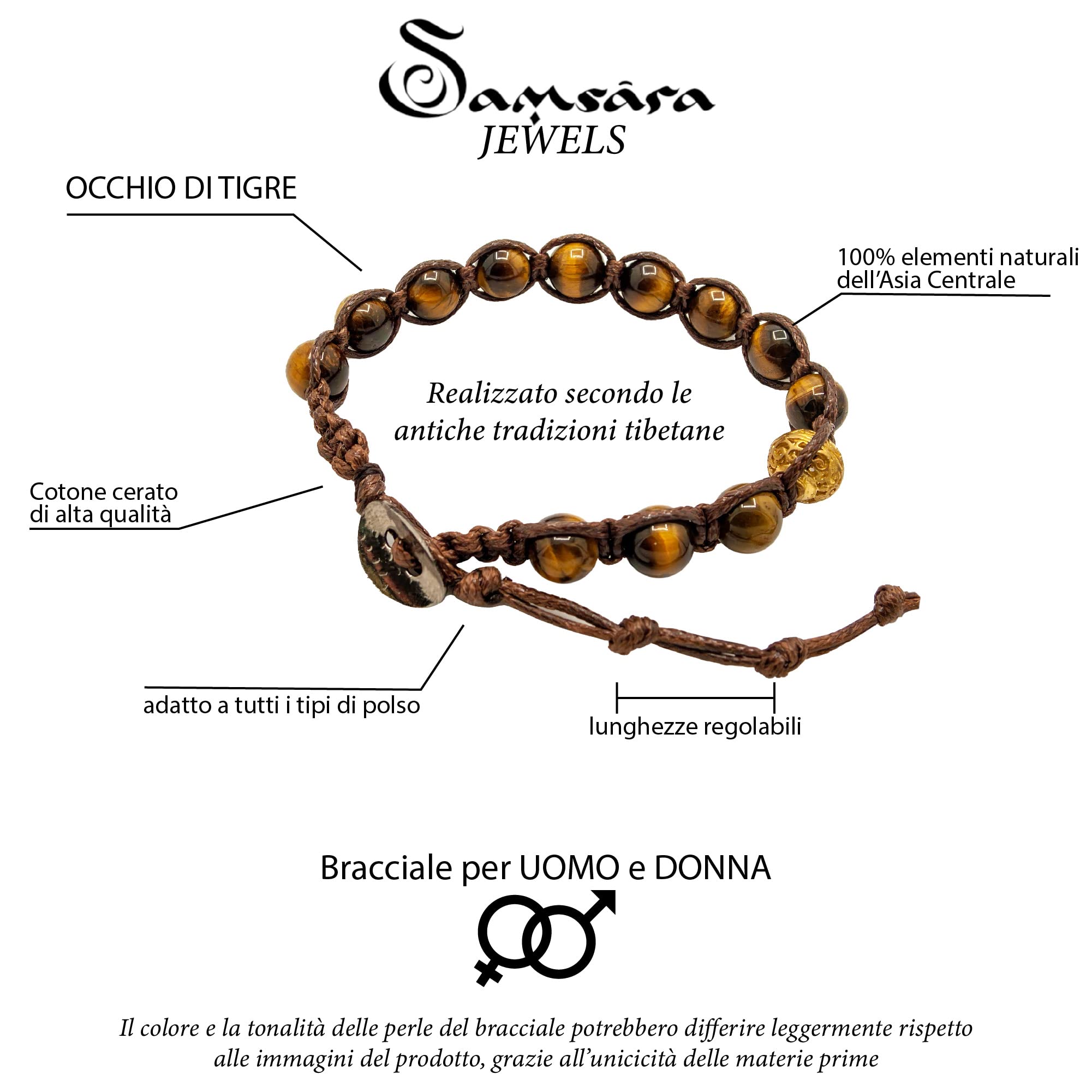 Samsara Bracciale Tibetano Buddista - shamballa con pietra Occhio di Tigre - Filo in cotone cerato marrone
