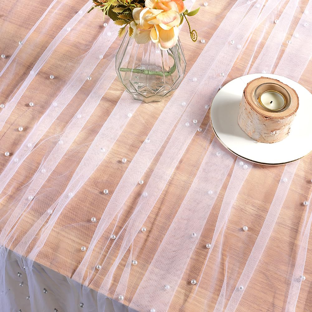 GORGECRAFT 3 Yards White Lace Fabric 160cm Wide Tulle Beaded Pearl Lace Net Fabric Mesh Table Cloth for Bridal Veil Wedding Dresses Bows Making Home Christmas Party Backdrop Decor DIY Sewing Crafts