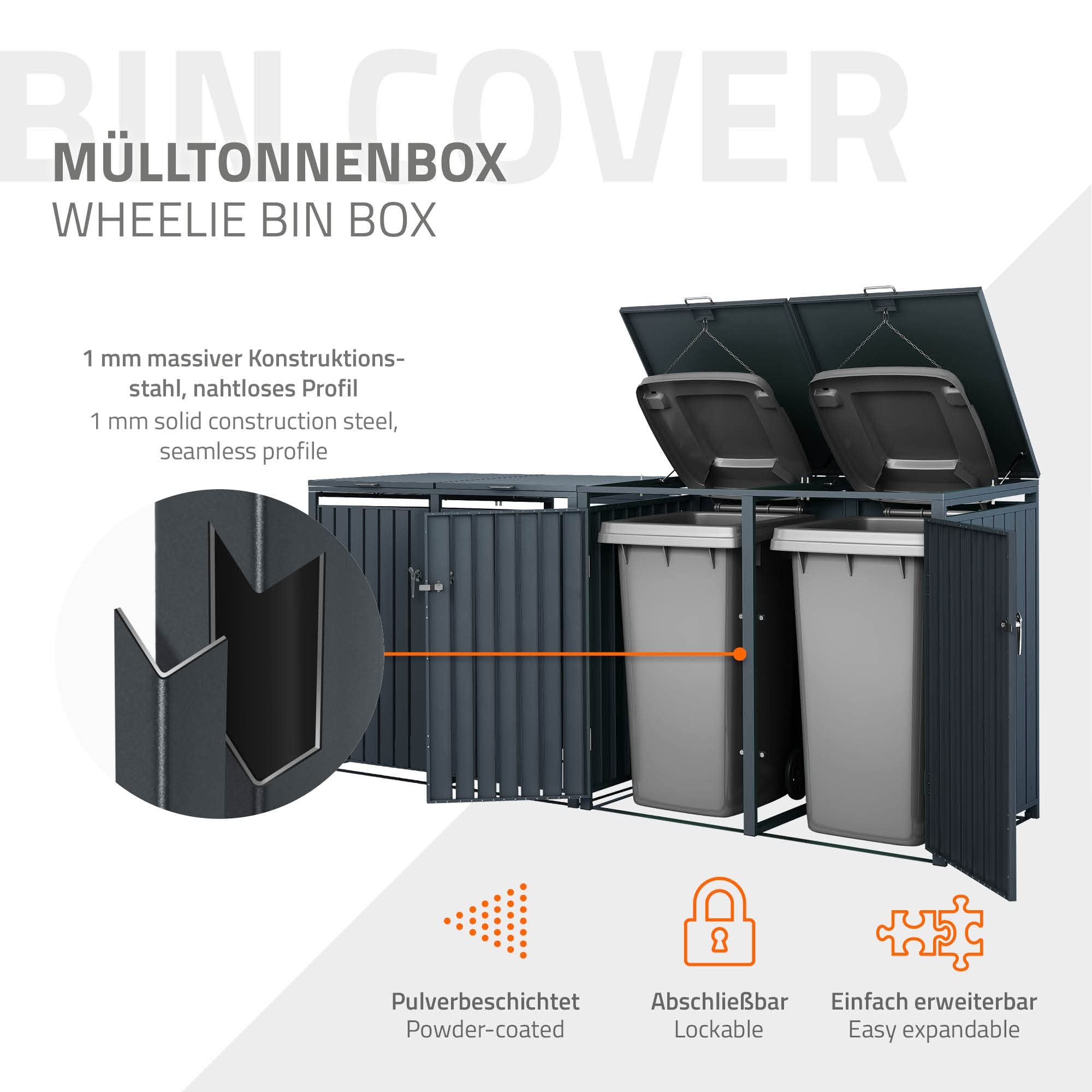 ML-Design Box pour 4 Poubelles, 240L, 264x80x116,3 cm, en Acier, Anthracite, Résistant aux Intempéries, Habillage de Poubelle avec Couvercle Rabattable/4 Portes, Conteneur Abri Hangar Cache-Poubelle