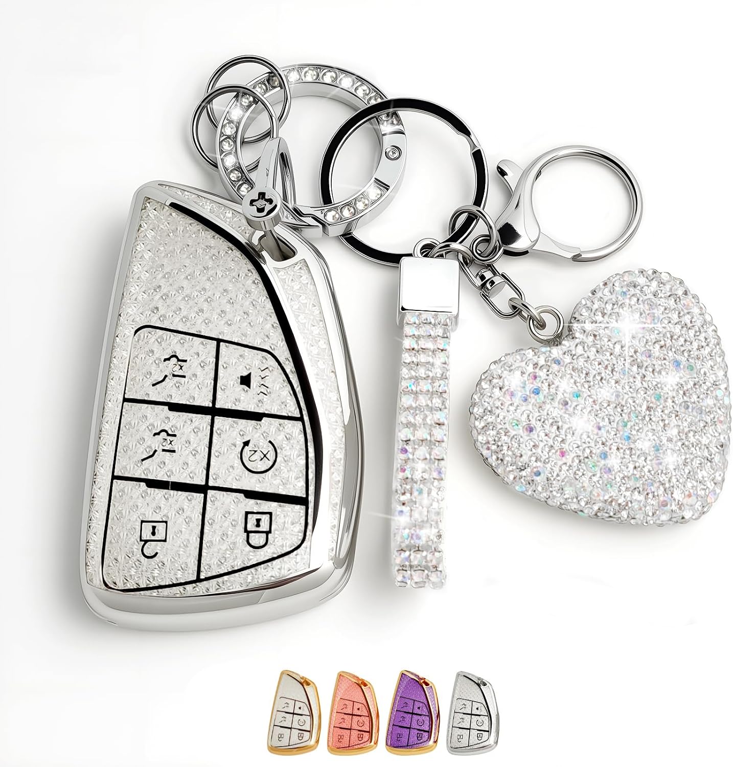 6 Button Key Fob Cover with Diamond, Compatible with GMC Yukon Denali Sierra 2021-2026, Fit for Chevy Silverado Suburban Tahoe Buick, Sparkling TPU Key Case and Bling Heart for Women (Silver)