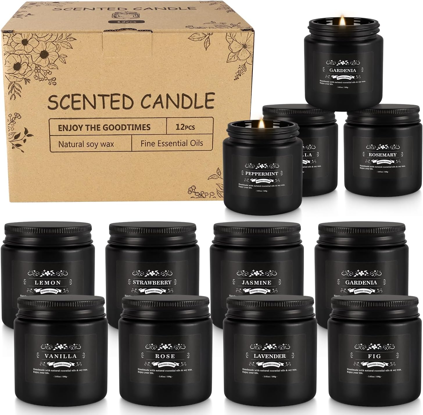 Scented Candle Set 12 Pack,Black, Candle for Home Scented, Odor Eliminating, Stress Relief, Long Lasting Soy Wax Gift Set - Image 4
