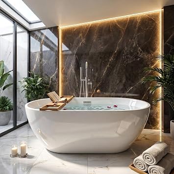 67"Acrylic Freestanding Bathtub, Double-Walled Insulated Soaking Tub with 18" Ergonomic Deep Design, Glossy White, Integrated Chrome Drain & Overflow, cUPC Certified Stand Alone Tub, Curved White