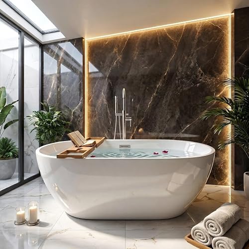 67"Acrylic Freestanding Bathtub, Double-Walled Insulated Soaking Tub with 18" Ergonomic Deep Design, Glossy White, Integrated Chrome Drain & Overflow, cUPC Certified Stand Alone Tub, Curved White
