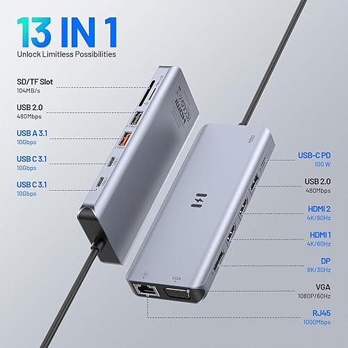 Miniatura 2 de Estación de acoplamiento USB C, 4 monitores, estación de acoplamiento para laptop 13 en 1, 3 monitores con HDMI dual, 8K DP, VGA, transferencia de