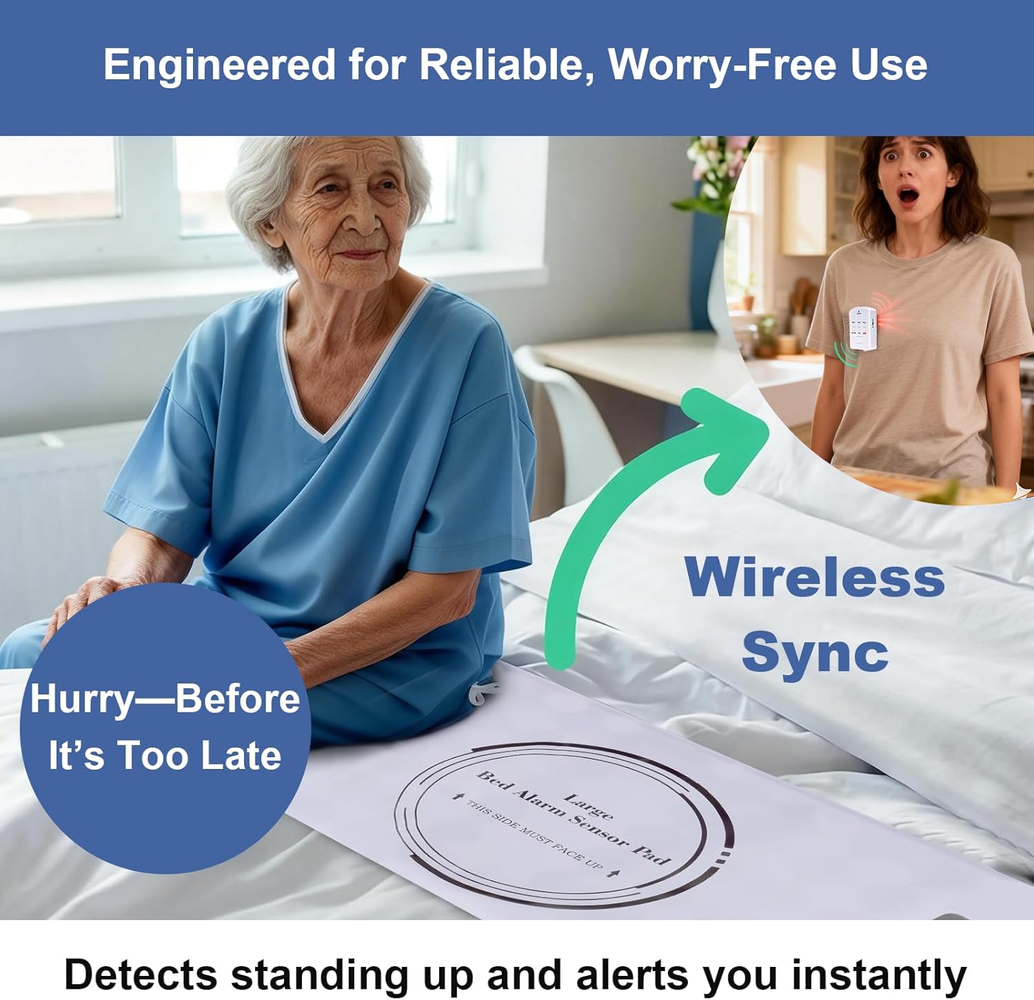 Large Bed Alarm System,Wireless Bed Alarm for Elderly – Early Alert Sensor Pad & Pager with Smart Pre-Alert – Fall Prevention for Seniors & Dementia Care