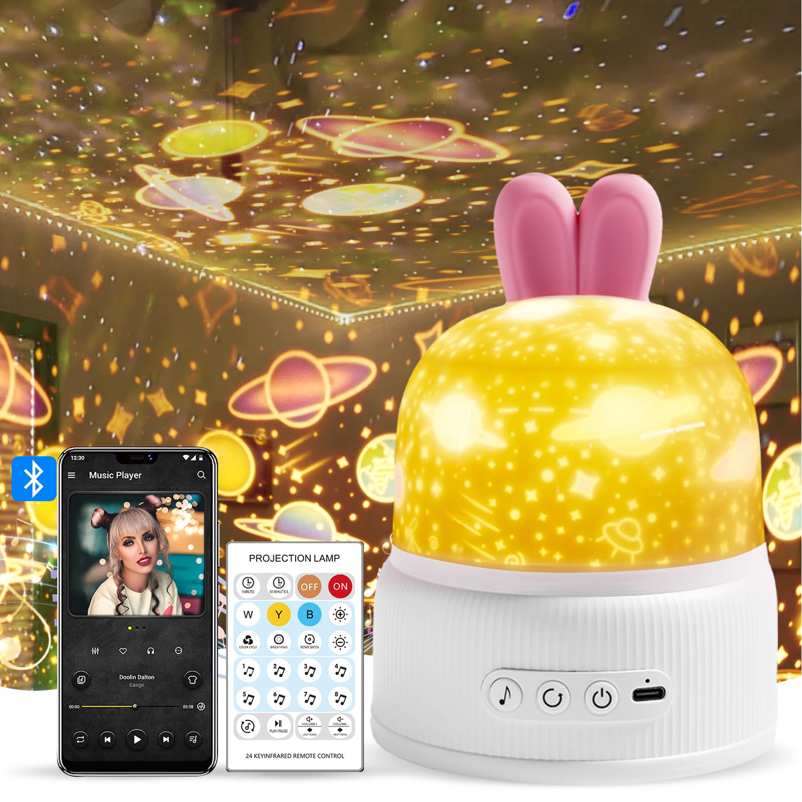 Proyector Estrellas Infantil, 360° Rotación USB Recargable Luz Nocturna Infantil 80 Modos con 8 Músicas, Bluetooth Proyector Bebe Regalos para Bebes con Control Remoto Temporizador