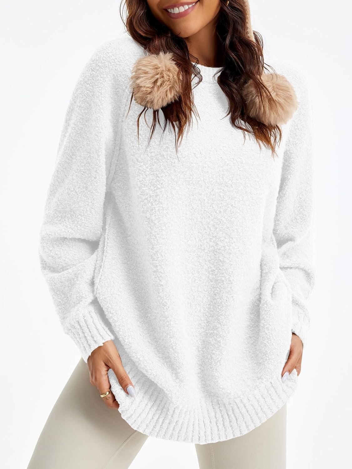 Saodimallsu Womens Oversized Sweater 2025 Fall Trendy Fuzzy Crew Neck Long Sleeve Casual Tunic Sweaters - Image 4