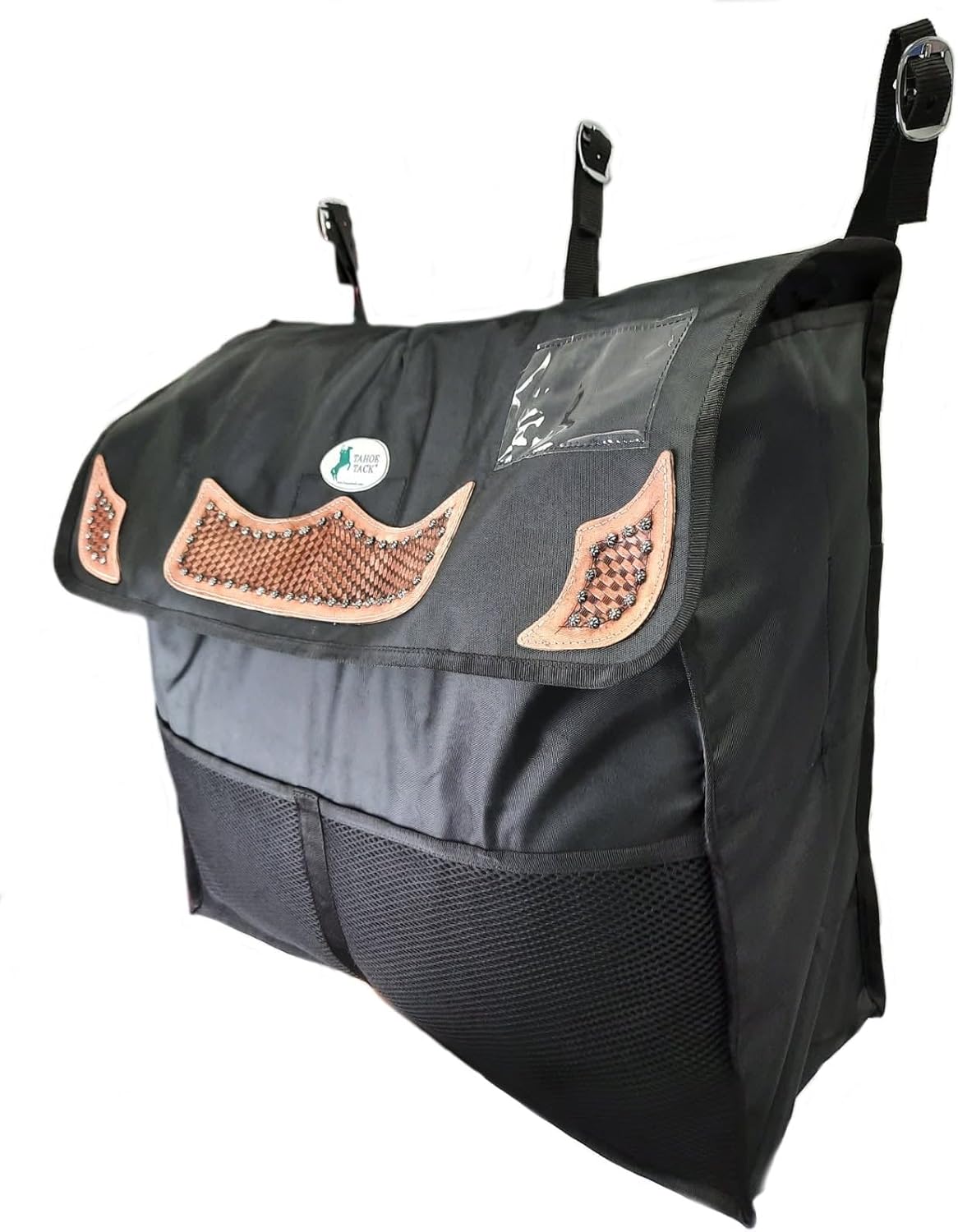 Durango Series Horse Blanket Storage Bag – 1200D Water-Resistant Nylon with Hand-Tooled Basket Weave Leather Accents, 2 Mesh Front Pockets – Ideal for Stables & Horse Shows – 1-Year Warranty
