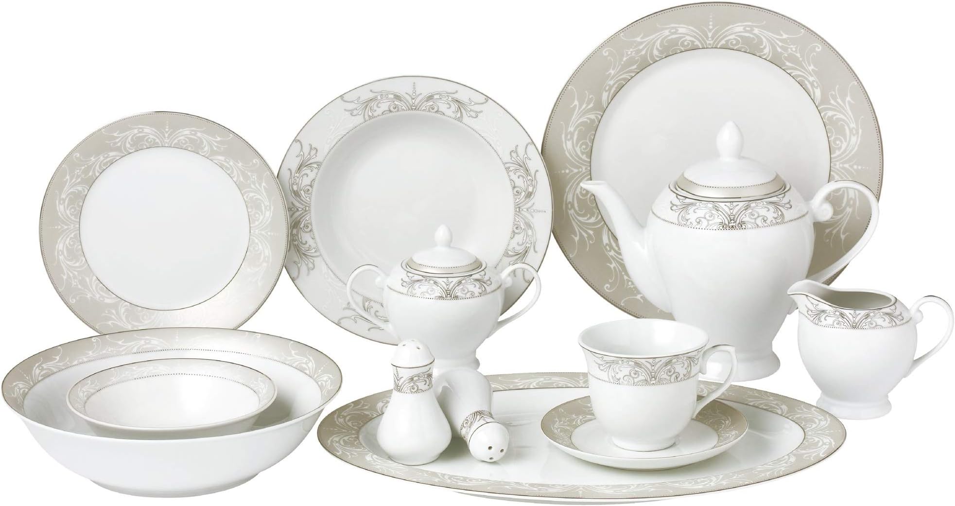 57Piece Silver Border Porcelain Dinnerware Set-Service For 8-Olympia-Mix & Match