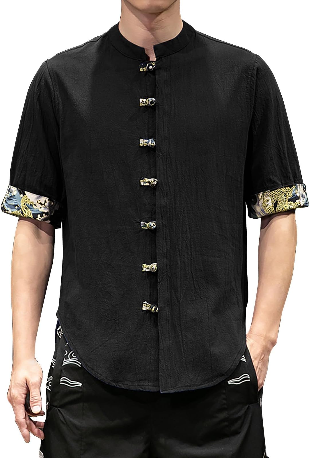 Mens Chinese Retro Linen Shirts Traditional Embroidered Mandarin Collar Frog Button Tops Open Front Side Slit Tang Suit