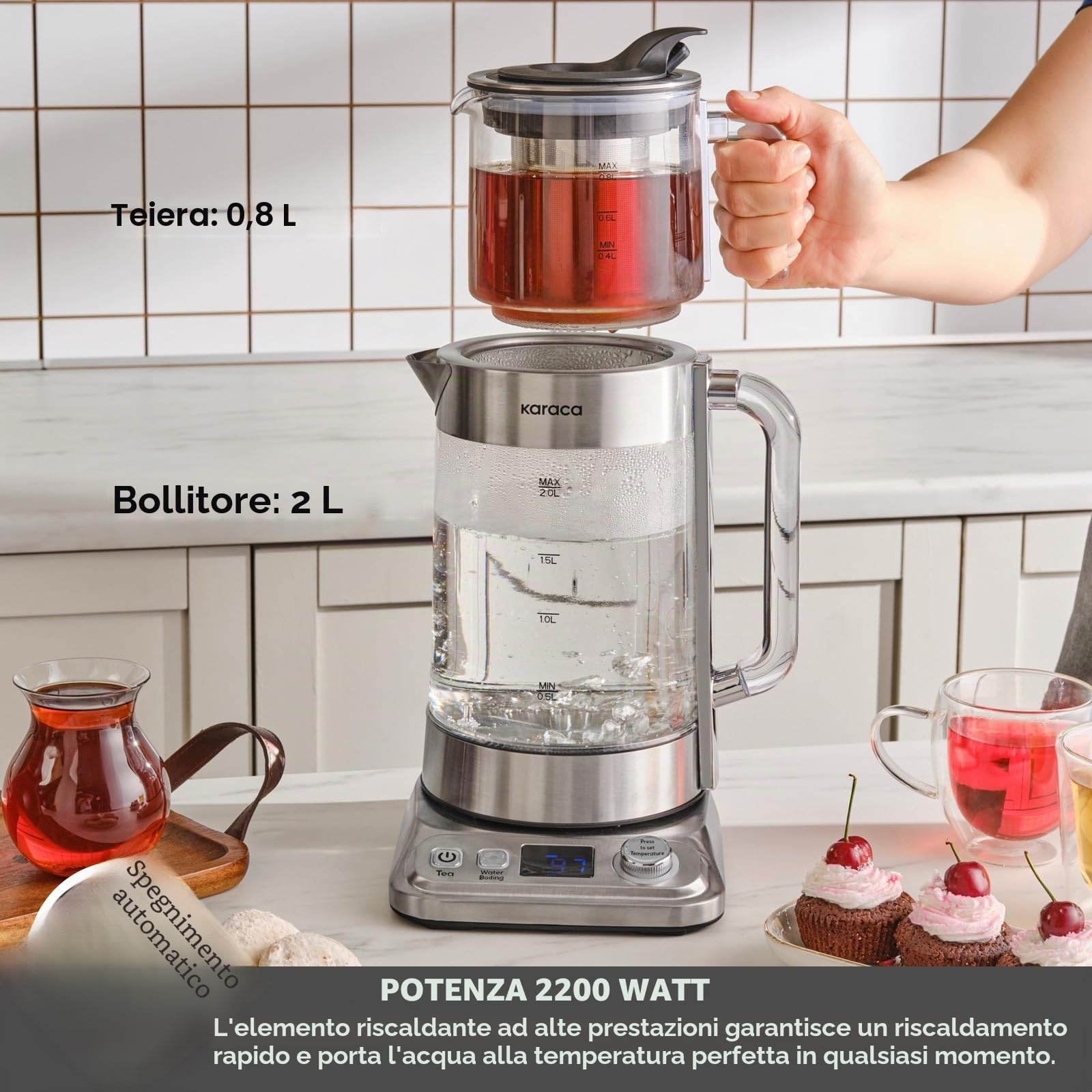 Karaca X Refika XL - Bollitore automatico per tè e caydanlik, 2 l, teiera in vetro da 0,8 l, multi-temperatura, modalità eco, 2200 W, macchina da tè per famiglia e ospiti, cromato
