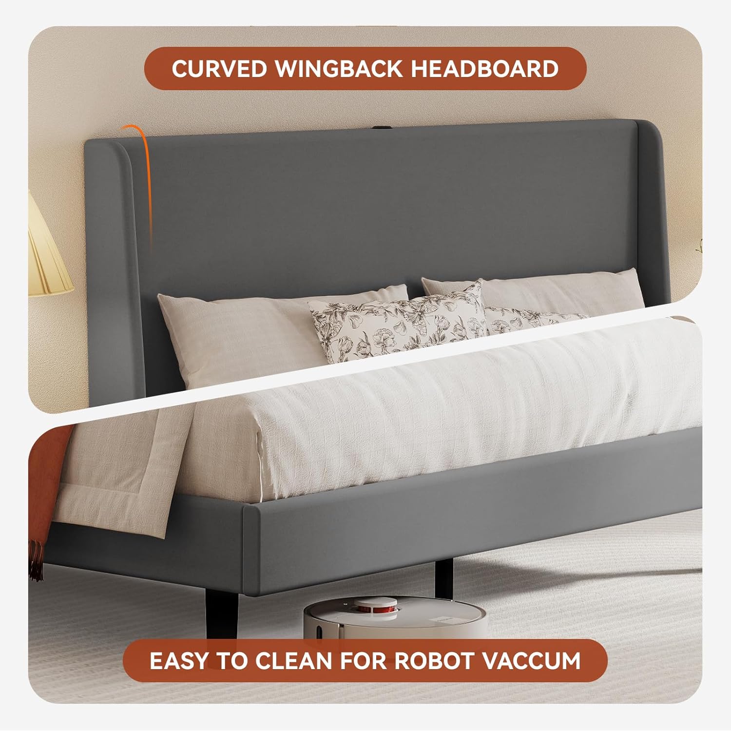 LUCKLIFE King Upholstered Bed Frame with High Wingback Headboard, Type-C & USB Ports, 51" Tall Headboard, Sturdy Wood Slat Support, No Box Spring Required, Easy Assembly, Grey