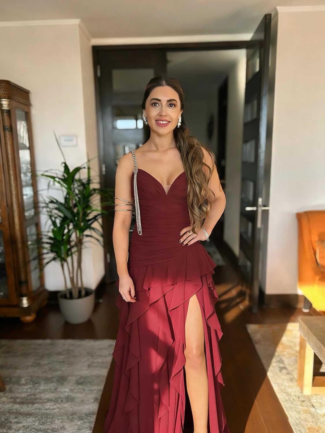 Women's Strapless Prom Dress 2026 Long Pleated Formal Gowns with Scarf Ruffle Chiffon Evening Dresses with Slit - Image 6