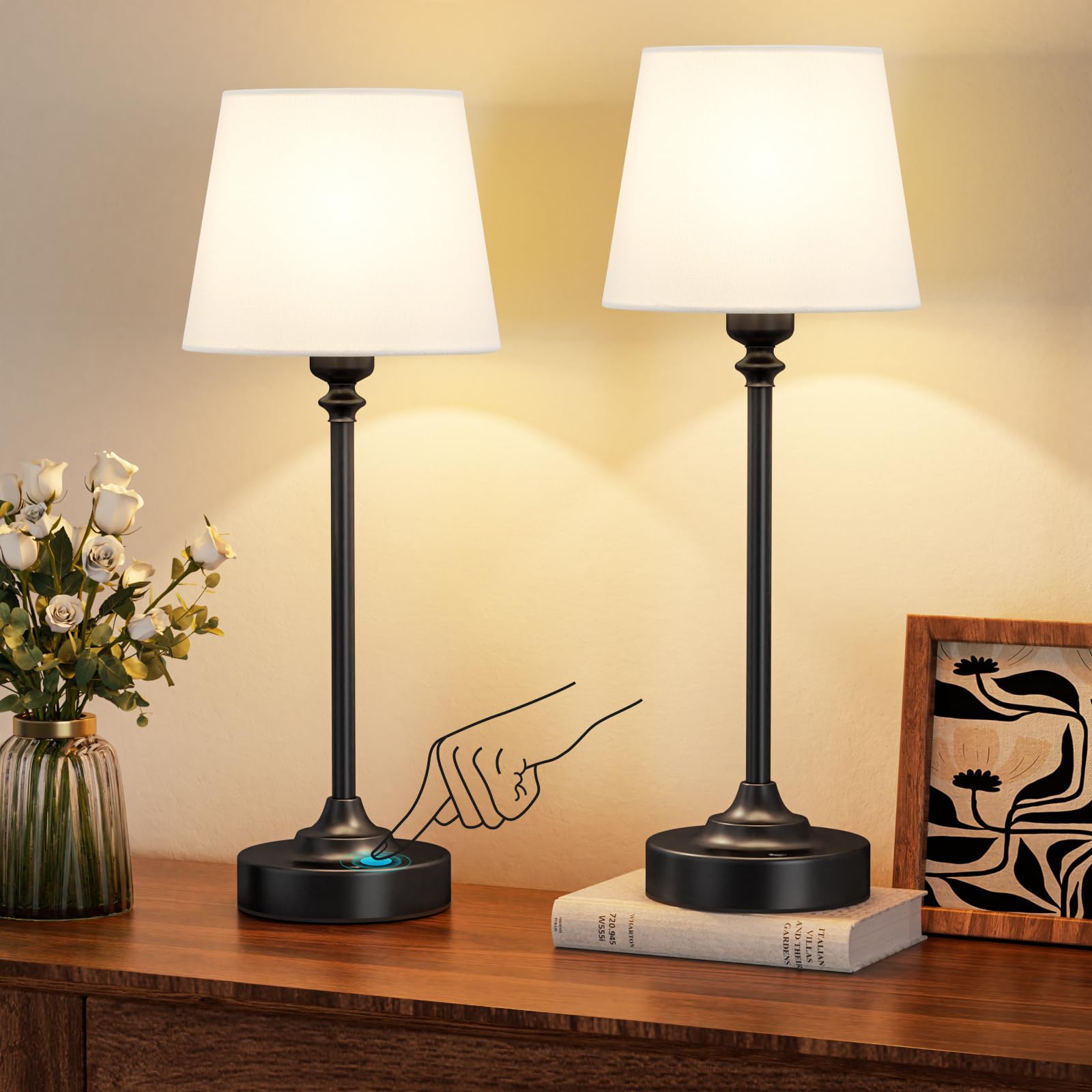 PreeOtti Tischlampe Kabellos 2er Set, Touch LED Nachttischlampe Akku, Stufenlos Dimmbar, Weißer Leinenschirm, Wiederaufladbar Lampe mit USB-C Anschluss für Nachttisch Esszimmer Wohnzimmer(Schwarz)