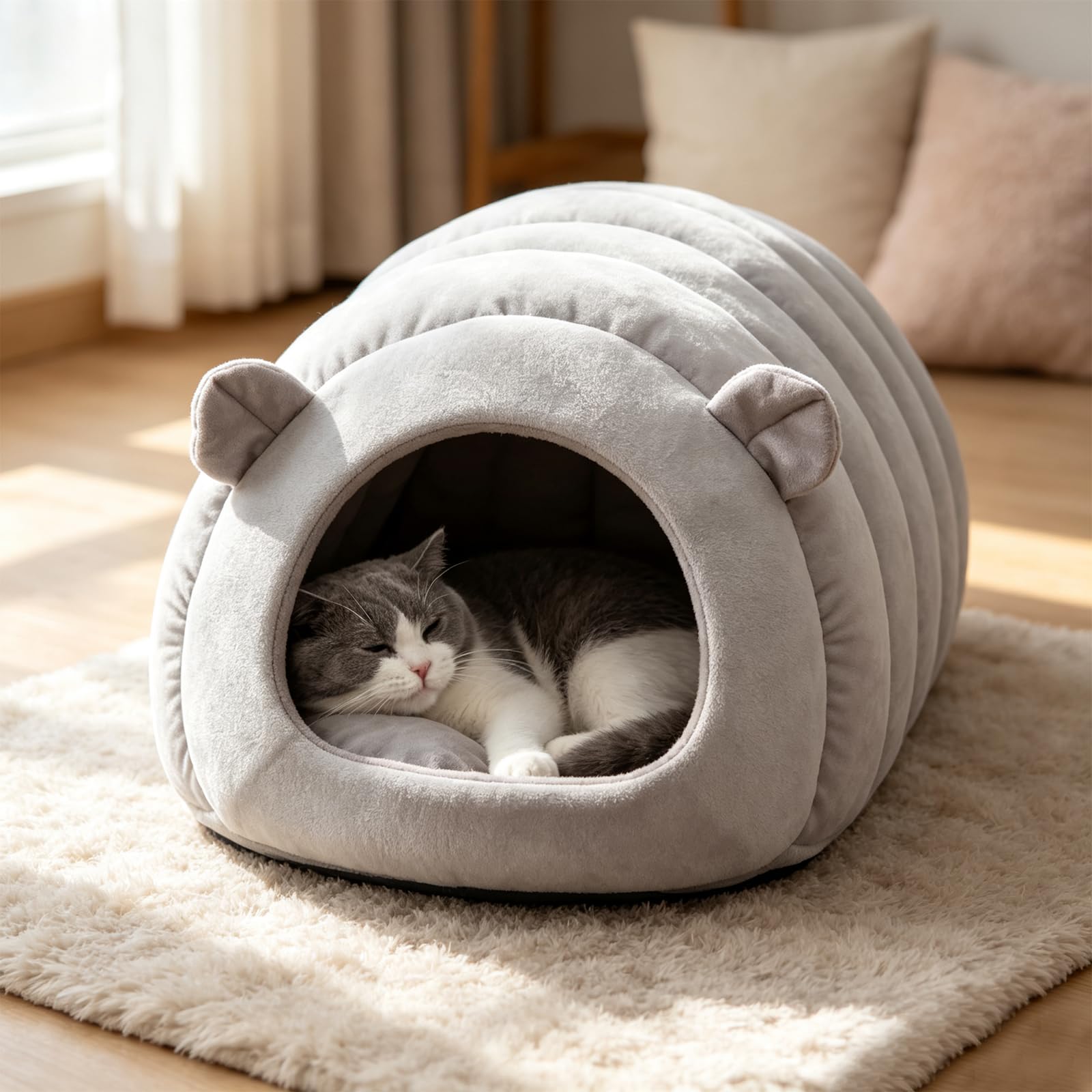 PETCUTE Cueva Lavable para Gato,Cama Tipo Cueva para Gatos,Suave Felpa Cálida Camas para Mascotas,Cama para Gatos de Interior con Cojín Extraíble