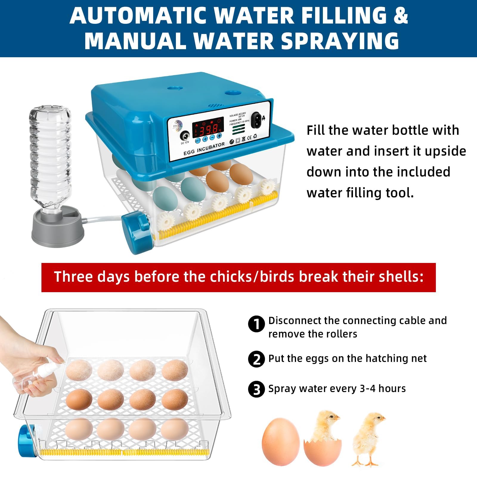 Incubatore automatico per uova con controllo della temperatura per 16 uova, incubatore con rotazione automatica e irrigazione, per uova di pollo, oca, anatra e quaglia