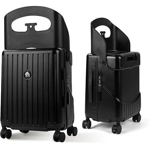 RAINRO & CO Obsidian Black 20" Ride-On Carry-On Luggage for Kids & Adults with Built-In Seat, Spinner Wheels, and Secure TSA Lock – Durable Hardside Carry-On