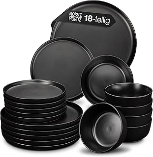 Moritz & Moritz Nordic Crockery Set for 6 People, 18-Piece Stoneware Crockery Set in Black, Scandinavian Design, Robust Plate Set for 6 People for Everyday Use and Guests, Crockery Sets