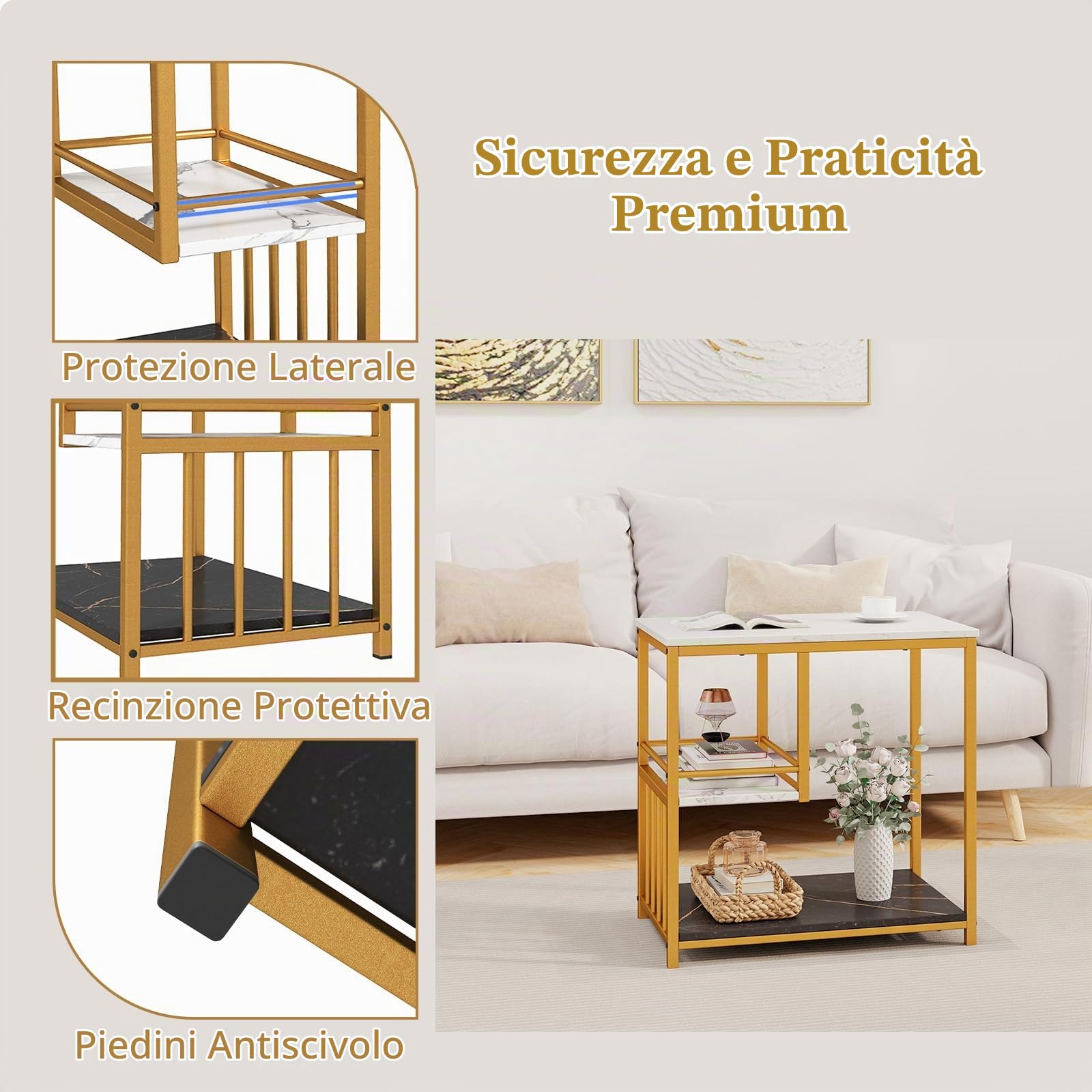 LIFEZEAL Tavolino Laterale da Divano a 3 Ripiani, Effetto di Marmo, Oro+Bianco, Tavolino Lato da Salotto Piccolo, Tavolino da Caffè, Decorativo, Moderno, Salvaspazio, Soggiono, Max 80kg, 60x40x60,5 cm
