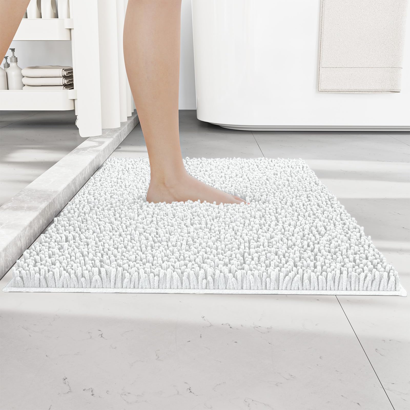 RUN HELIX Chenille Badematte rutschfest - Super Saugfähige und Maschinenwaschbar Badezimmerteppich - Ideal Badteppich für Badezimmer, Toilette und Innenräume - 50 x 80 cm, Weiß