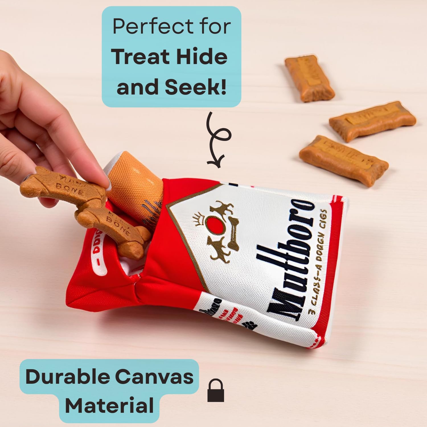 Nestpark Muttboro Doggy Cigs - Juguetes divertidos para perros, juguete interactivo de peluche parodia chirriante para perros, juguete interactivo para esconder golosinas para esconderse para