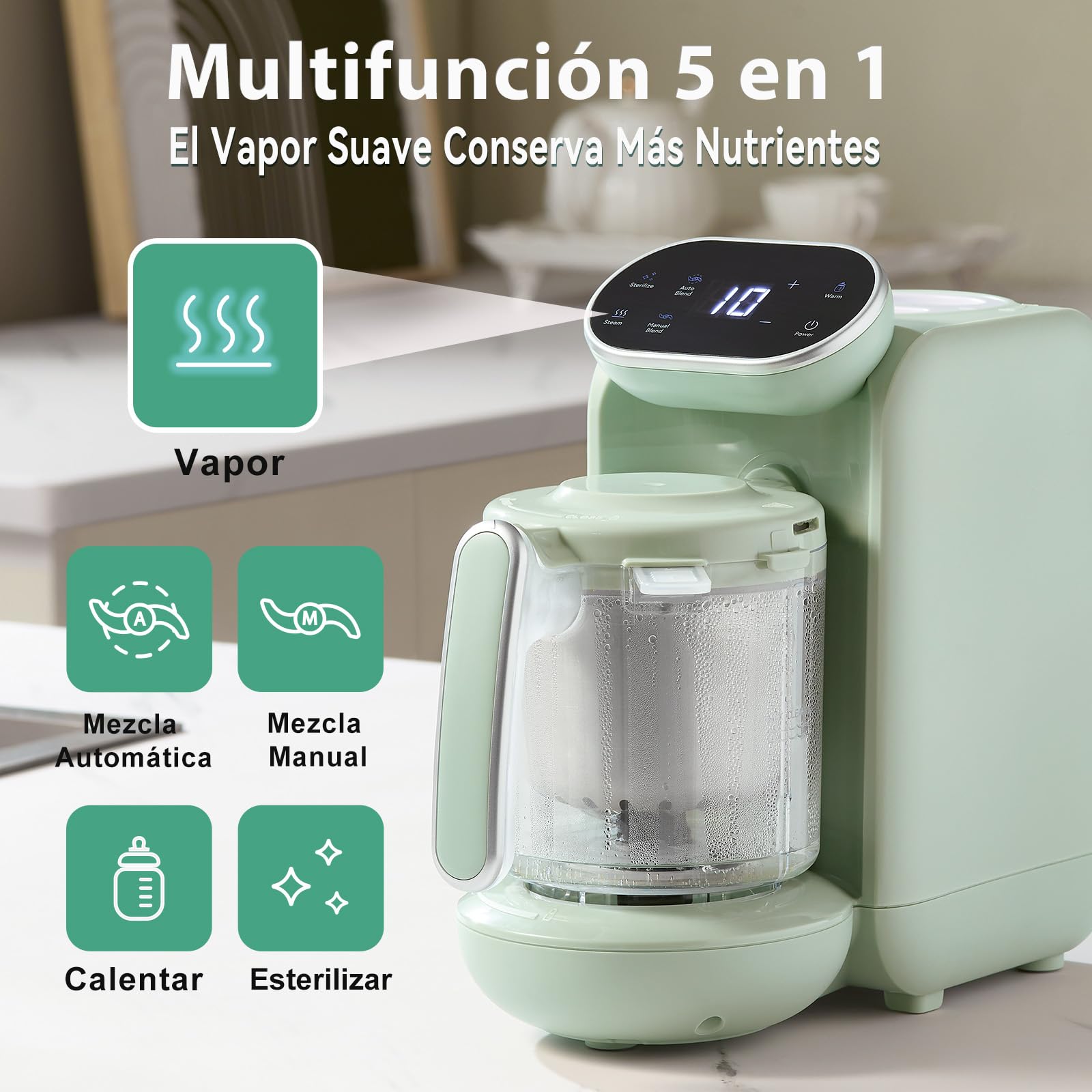 Chefhandy Procesador de Alimentos Bebé, Robot de Cocina Bebe para 5 en 1, Licuadora Bebe con Calentador de Leche, Mezcla Automática y Manual, multifuncional para todas las etapas del bebé (Verde)