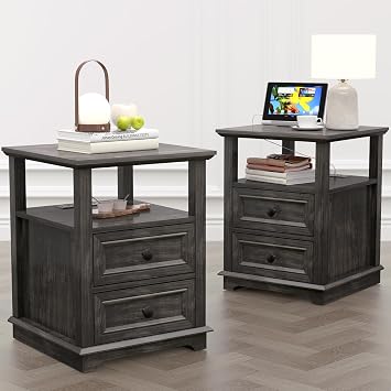 REDAYFUR 24 Nightstand with Fast Charging Station Set of 2, 18 Bedside Table with Drawers,Storage Rustic Wood Storage Cabinet for Bedroom