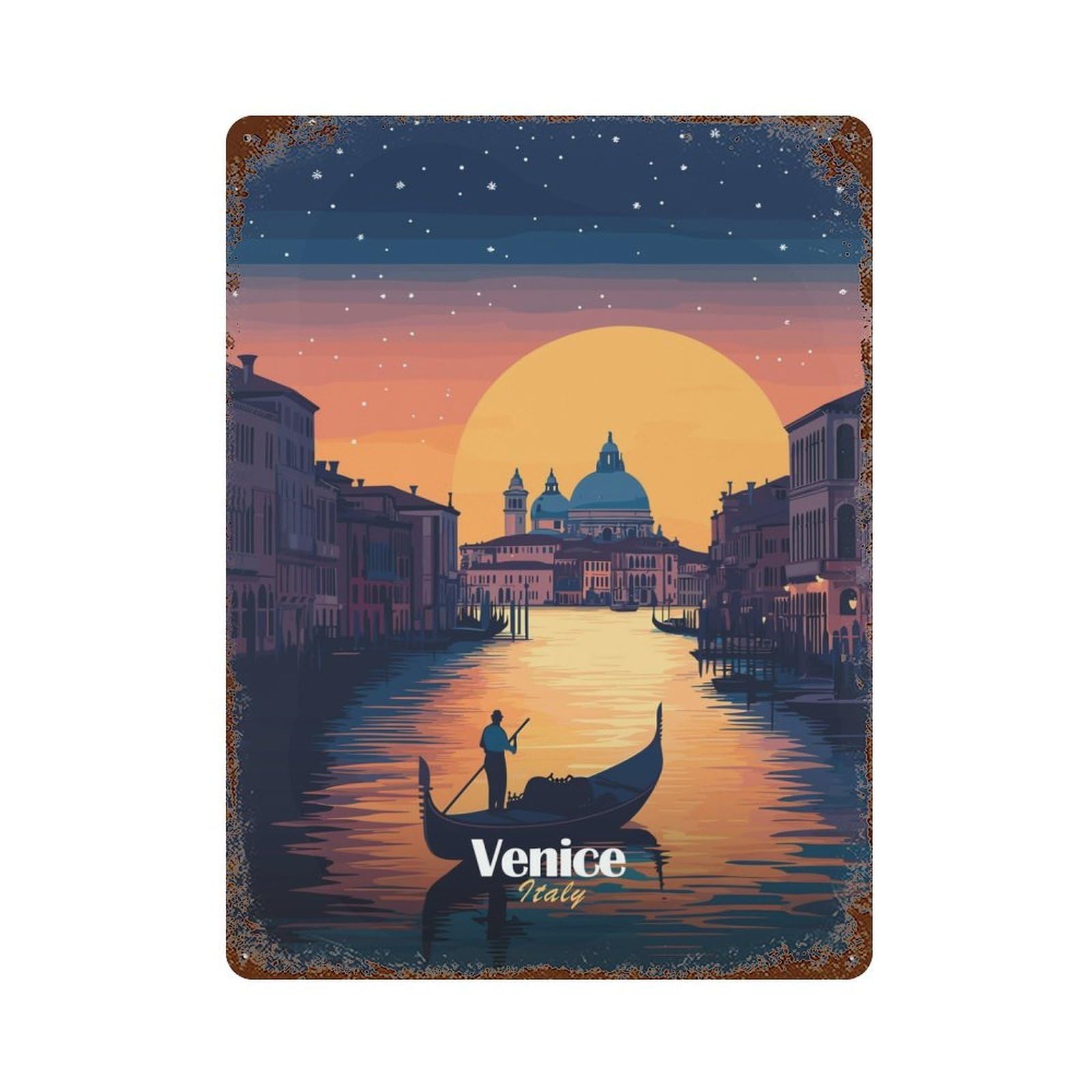 Venice Sunset Gondola Rust Effect Tin Sign 15.7"x11.8", Industrial Home Decor for Garage, Bar And Workshop Decor