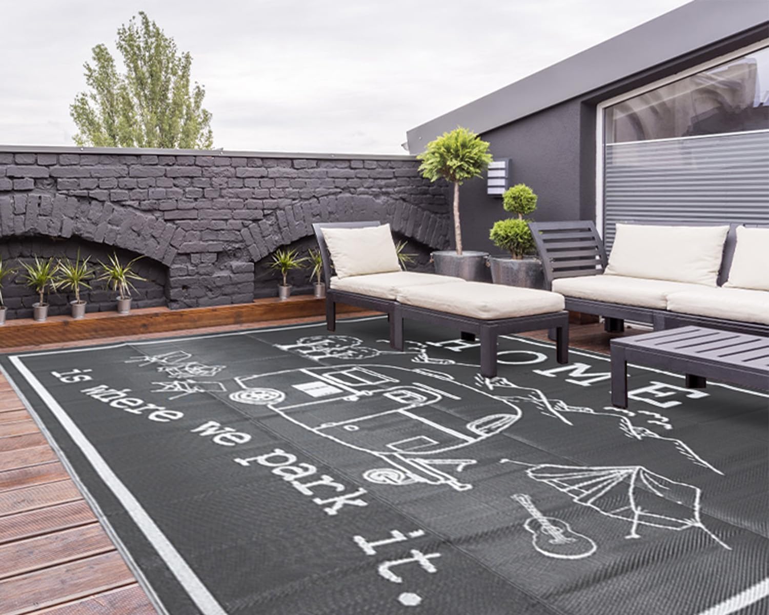 RV Outdoor Rug for Camping, 9x12 Feet RV Reversible Mat Camper Home is Where We Park It Camping Mat, Waterproof Plastic Straw Large Floor Camping Rug for Outdoor, Patio, Picnic, Beach, Backyard