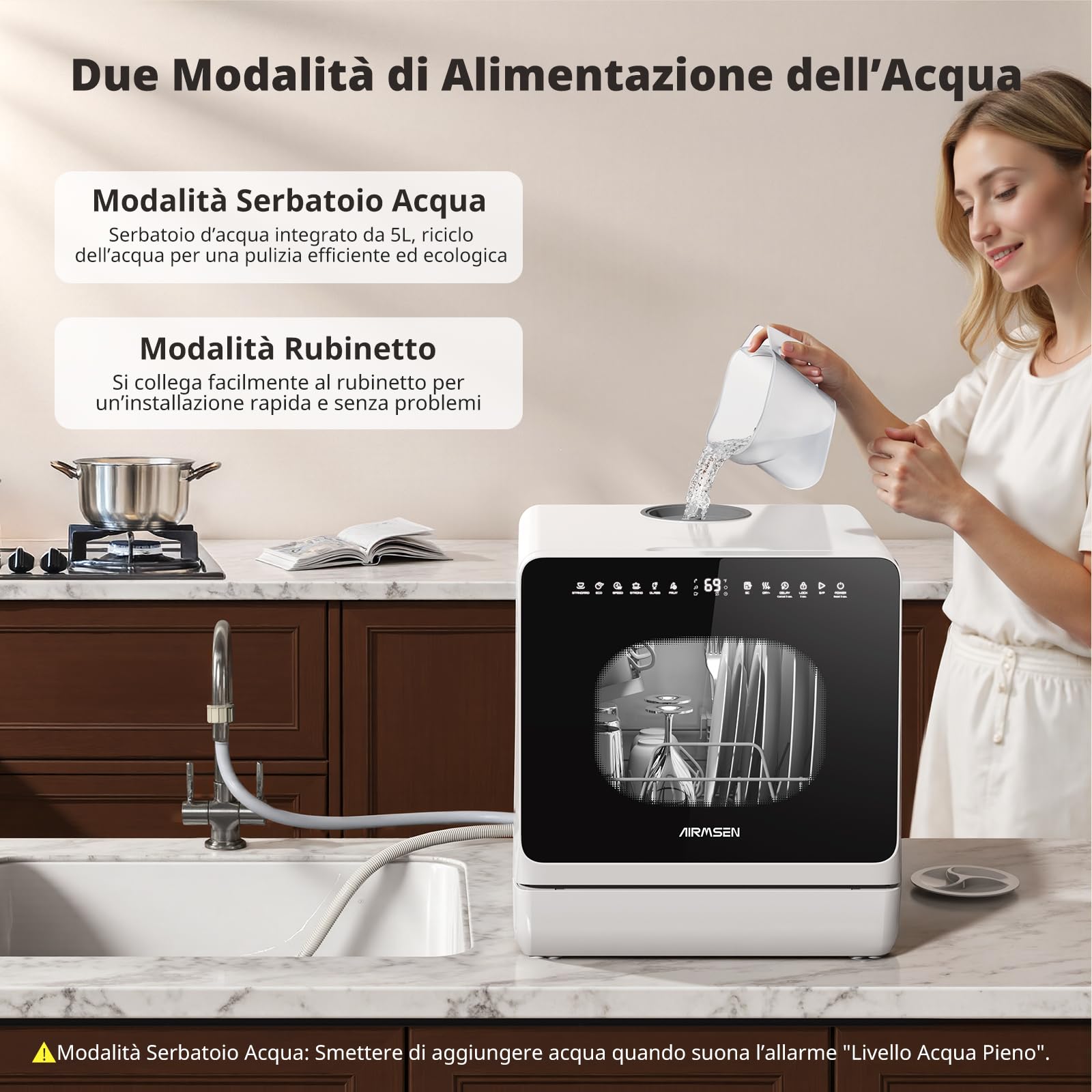 AIRMSEN Mini Lavastoviglie da Tavolo, lavastoviglie portatile da 5L, 8+3 Programmi, Avvio Ritardato 1–18 h, Sistema di Addolcimento e Blocco Bambini