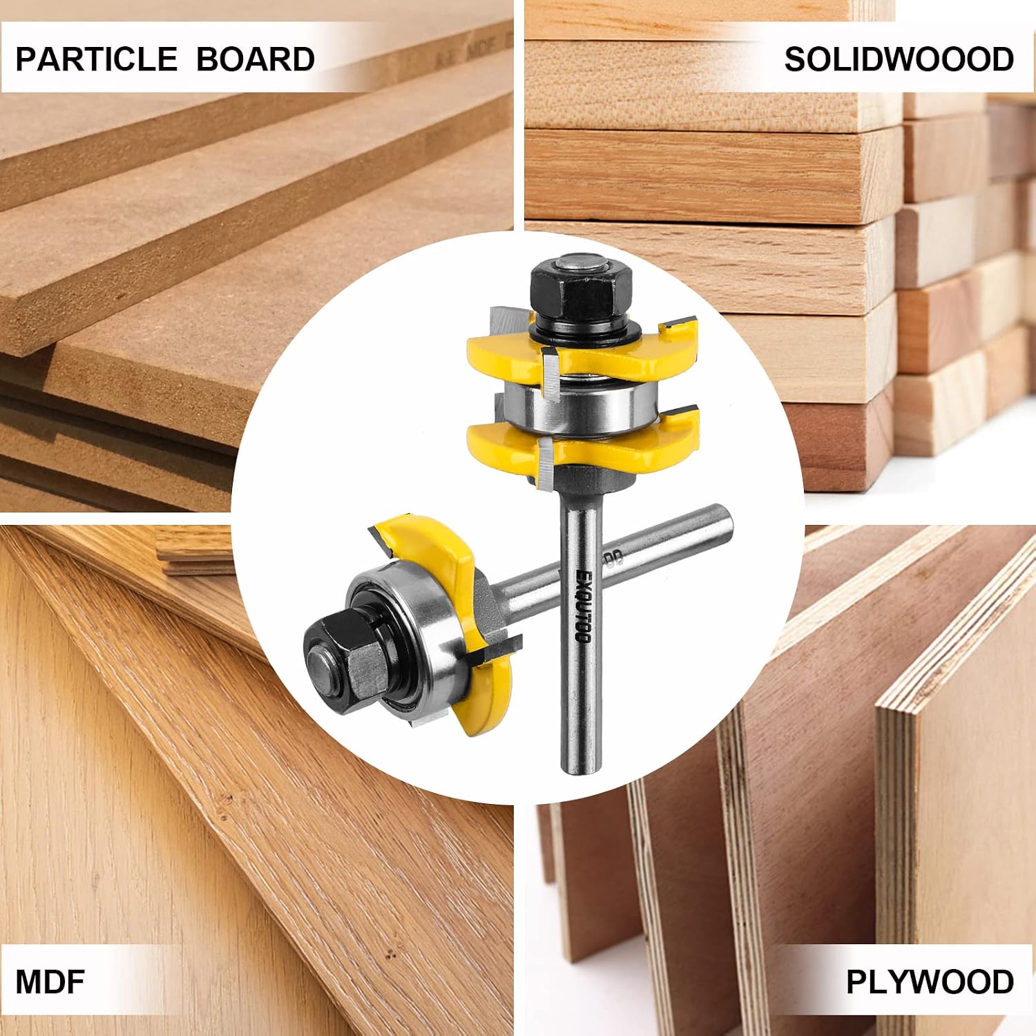 Exqutoo 2 Pieces 3 Teeth T Shape Tongue and Groove Router Bit Set 1/4 Inch Shank, Slot depth 1/4", Slot height 1/4",Shelves & Cabinet,Woodworking Tools (1/4 Shank)