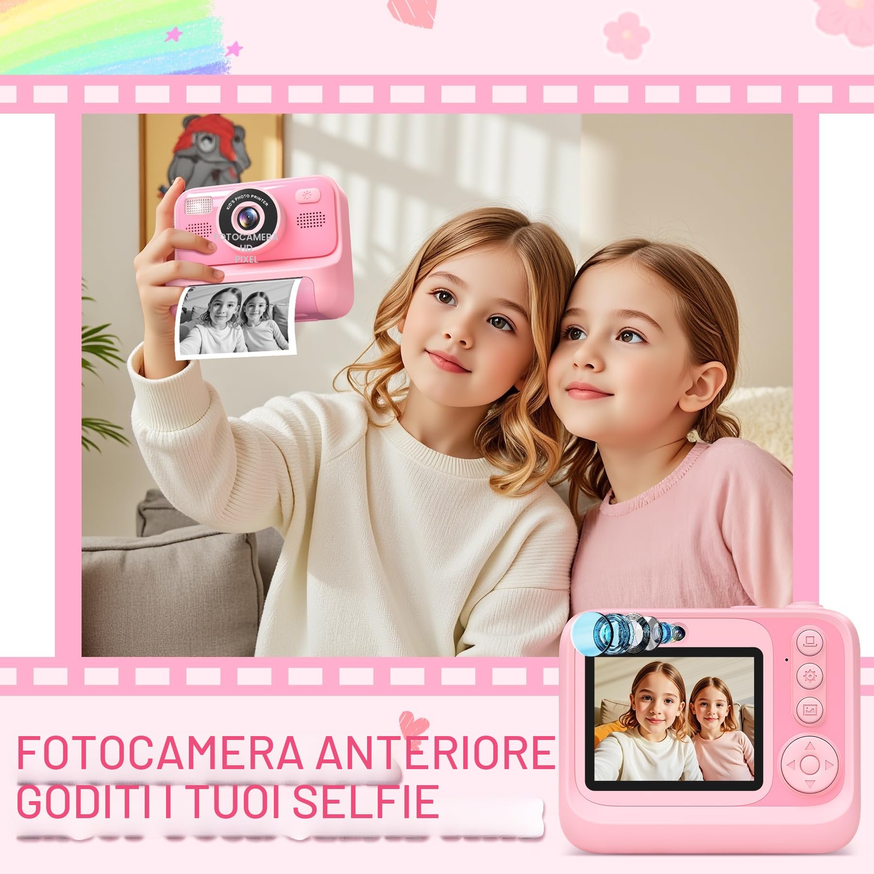 Subtail Macchina Fotografica Bambini Istantanea-2,4 Pollici 1080P Fotocamera Digitali Istantanea perBambini Selfie conScheda da32GB - Regalo per Bambini per Ragazze Ragazzi 3 4 5 6 7 8 9 10 11 12 Anni