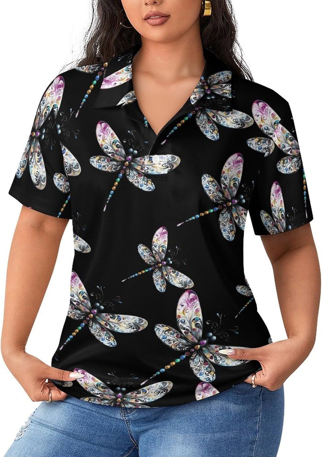 Dragonfly Womens Golf Polo Shirts Summer Short Sleeve Collared 3 Buttons T Shirt Activewear Tops