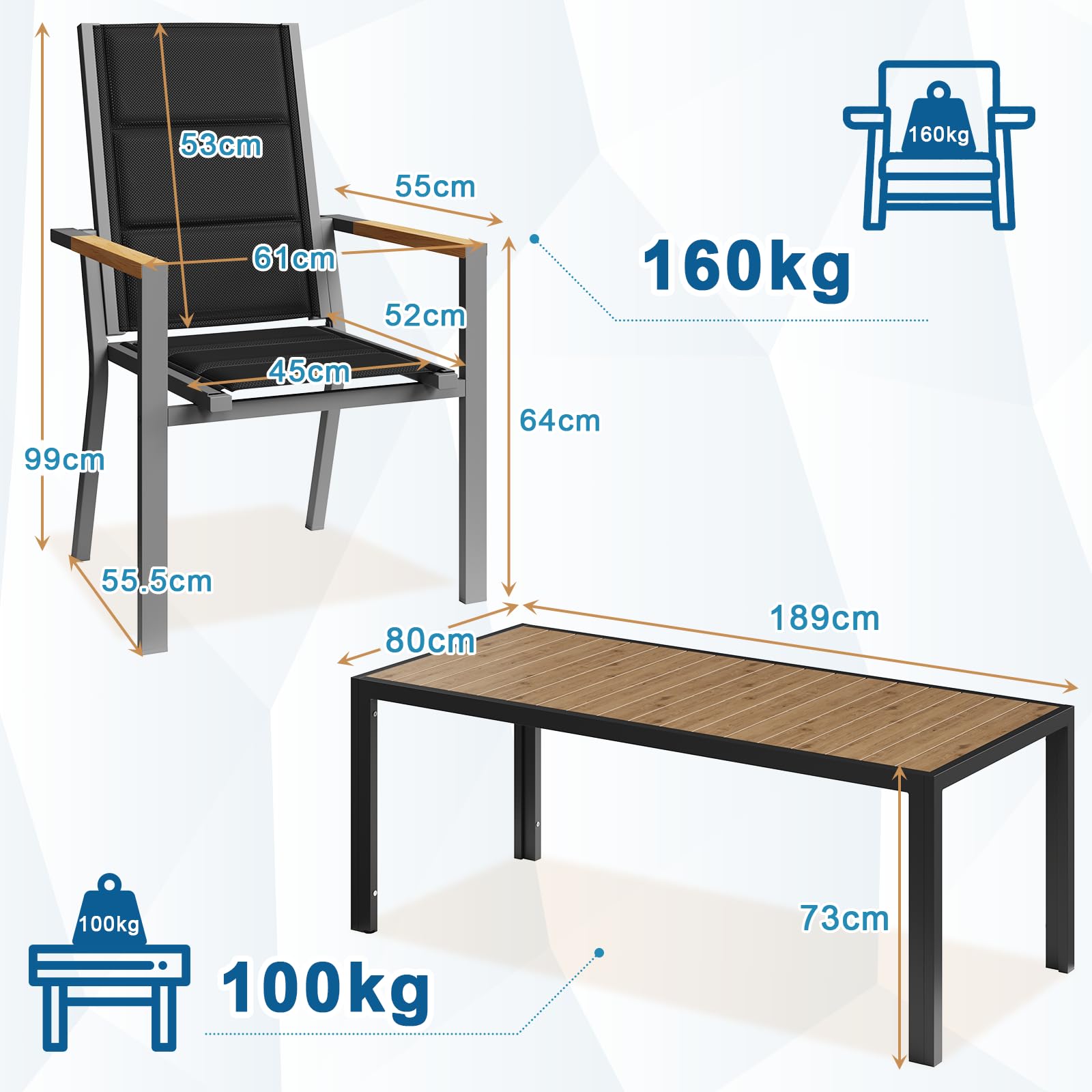JUMMICO Ensemble de mobilier de Jardin 4 Places, Structure Aluminium Aspect Bois, Plateau PS, chaises Confortables à Haut Dossier, Facile à Assembler