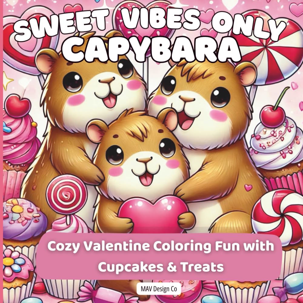 Sweet Vibes Capybara, Cozy Valentine Coloring Fun with Cupcakes & Treats: A Valentine’s Day Coloring Book for Kids Featuring Cute Capybaras, Cupcakes & Sweet Treats