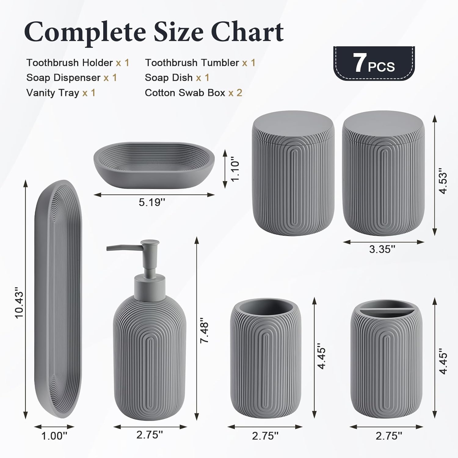 Bathroom Accessories Set - 7-Piece Resin Bathroom Set, Toothbrush Holders Set, Soap Dispenser, Qtip Holder Dispenser, Tumbler, Soap Dish & Tray, Modern Bath Decor for Home Dorm Hotel (Grey)