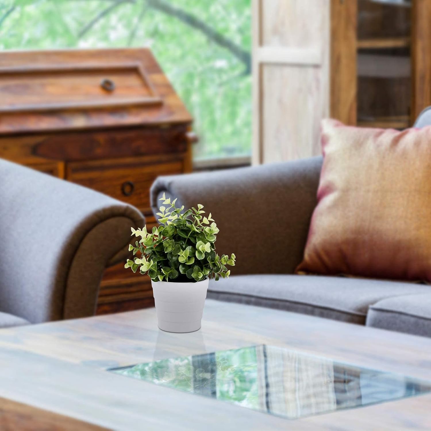 Small Fake Plant Potted - Faux Plant Indoor Plant Artificial Potted Plant Decor for Home and Office (Eucalyptus Green) - Image 2