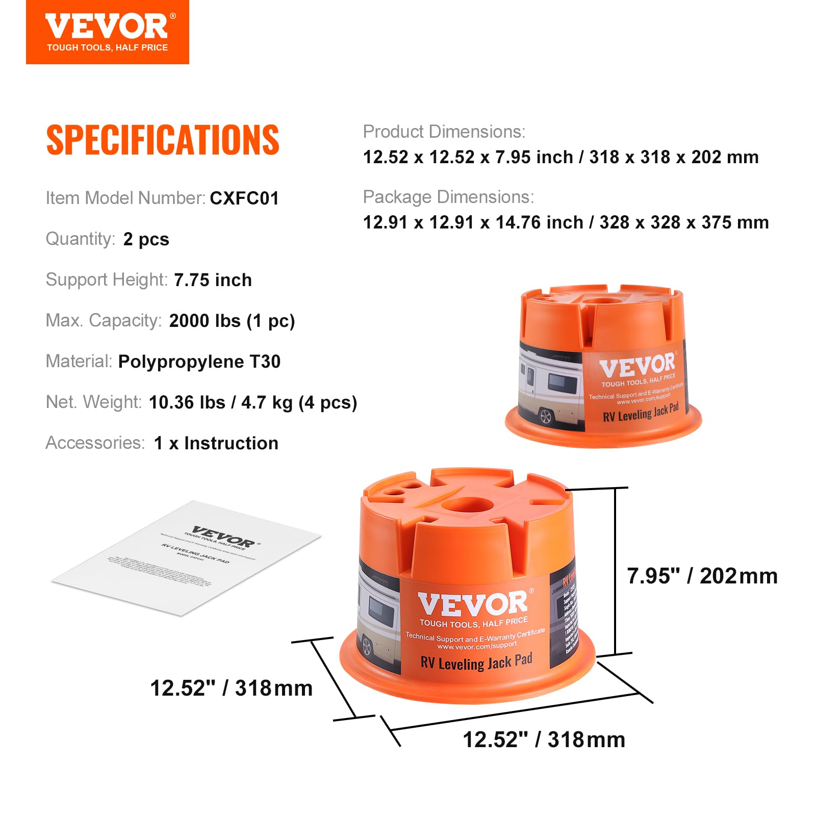 VEVOR Lot de 2 Blocs de Cric de Caravane, Capacité 0,9 T/PCs, Bloc de Nivellement pour Camping-Car, Blocs Stabilisateurs en Polypropylène, Accessoires de Voyage pour n'importe Quel Cric à Sellette
