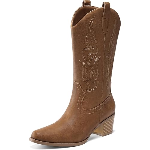 DREAM PAIRS Women's Square Toe Cowboy Mid Calf Western Boots
